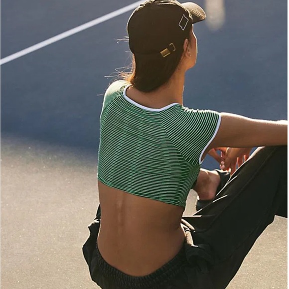 🆕 Free People What's The Scoop Baby Tee in Green/White combo Size: XS - Picture 2 of 5